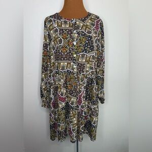 Emma Michele Brown Multi Geometric Balloon Sleeve Tiered Fit Flare Dress Sz Lrg